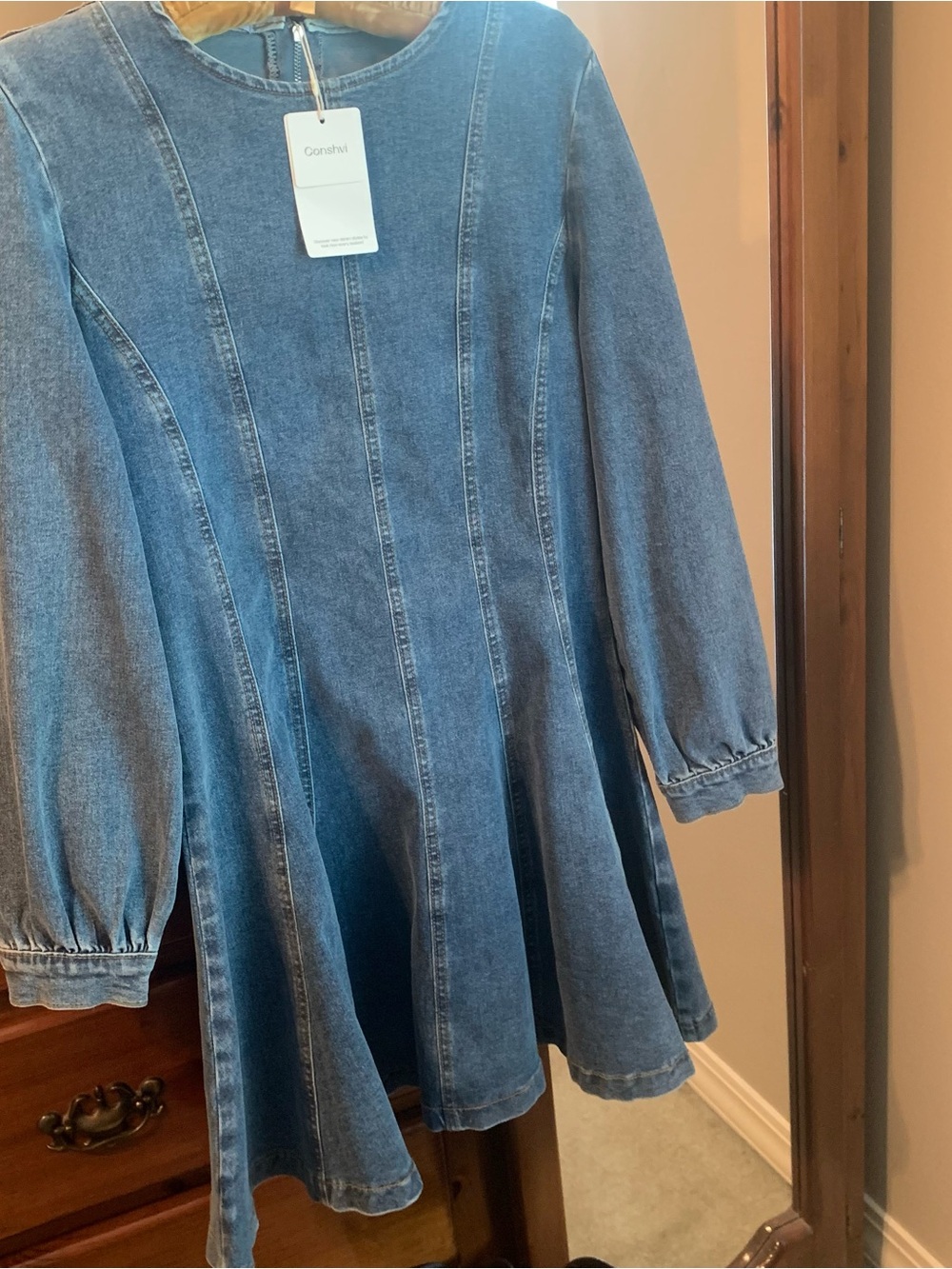 CONSHVI Denim Fit-and-Flare Dress in Medium Blue
